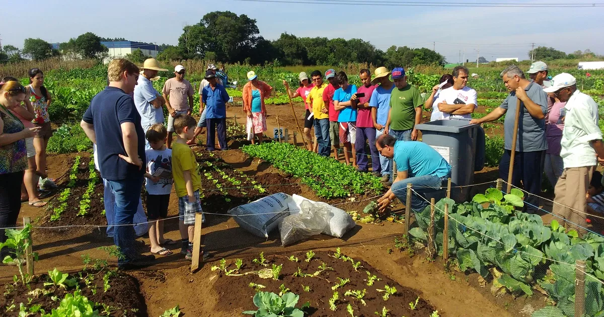 Família cuidando da horta e composteira