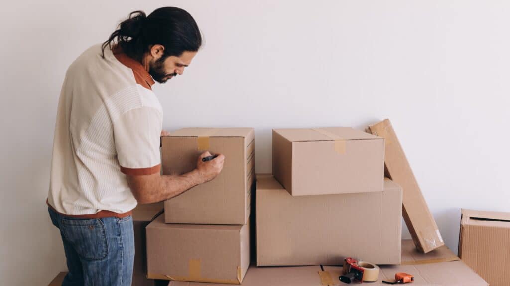 Pessoa organizando as caixas